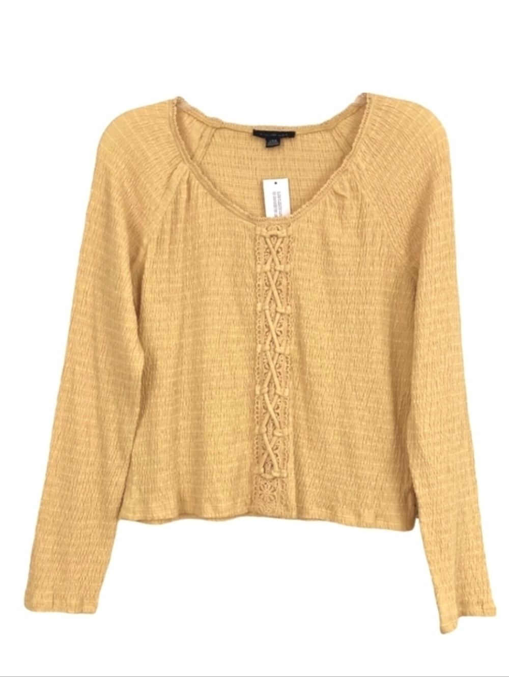 American Eagle Long Sleeve Smocked Top Lace Up Detail Yellow Small NWT